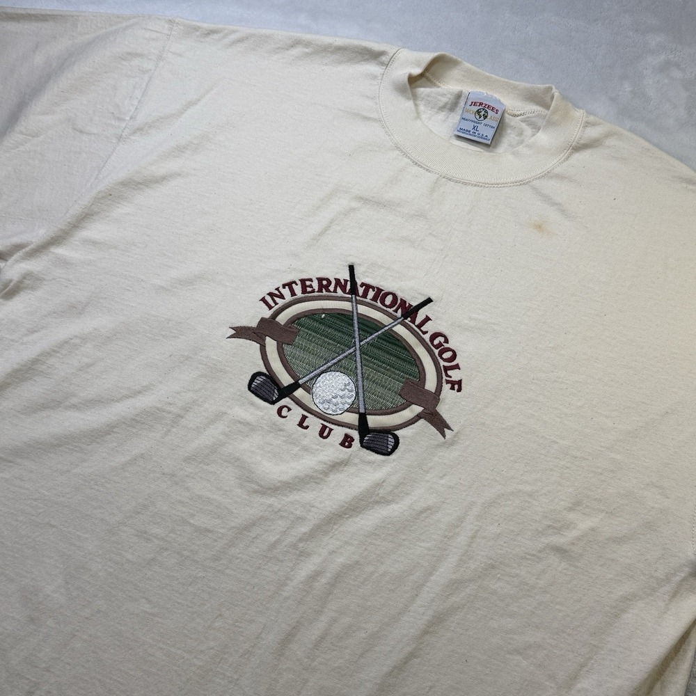 Vintage Jerzees USA Golf Club Tee XL‎ Cream Embroidered Graphic Shirt